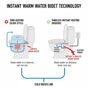 Explainer graphic of instant heating technology used in a warm water bidet without hot water line.