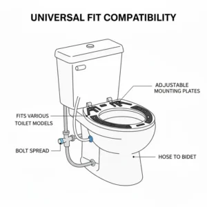 Compatibility chart showing the universal mounting plates of a heated bidet attachment for toilet.