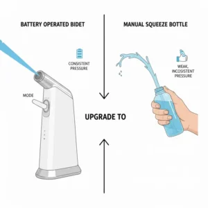 Comparison graphic showing the consistent water pressure of a battery operated bidet versus a manual squeeze bottle.