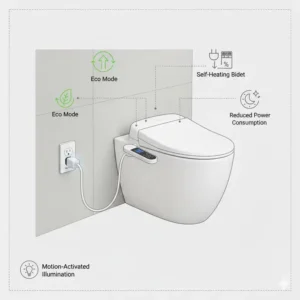 Infographic explaining the energy-efficient power saving mode of a self heating bidet.