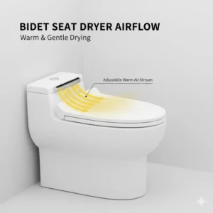 Technical illustration showing the adjustable warm air flow direction of a bidet seat dryer.