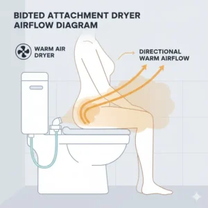 Detailed diagram illustrating the warm airflow path of a bidet attachment dryer for effective drying.