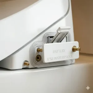 Close-up view of the waterproof battery compartment on a battery operated bidet seat.