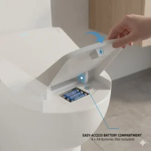Detailed view of the easy-to-reach battery compartment on a battery operated bidet toilet seat.