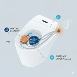 Technical illustration showing the heating element and fan to explain how do bidets have dryers.