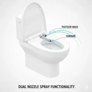 Diagram showing the dual nozzle spray functionality of a battery operated bidet toilet seat.