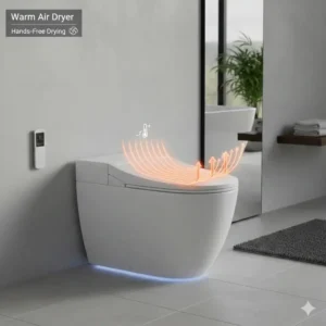 Diagram showing the warm air drying function of a high-tech bidet toilet with dryer and heated seat.