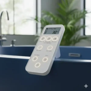 A close-up of the digital remote control for an air drying bidet showing temperature settings.