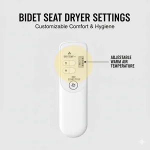 Close-up of a wireless remote control highlighting the temperature buttons for the bidet seat dryer.