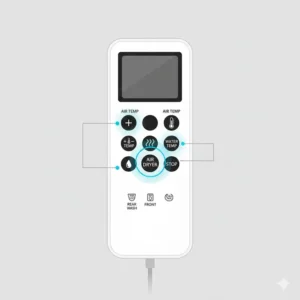 Close-up of a remote control for a bidet toilet with dryer showing air temp settings.