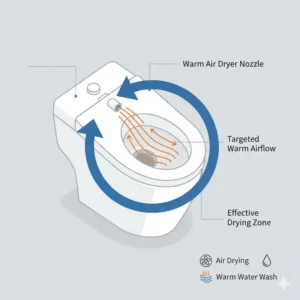 Diagram of warm airflow direction for users wondering do bidets have dryers.