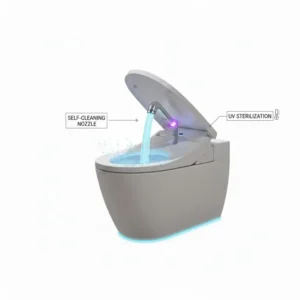 Close-up illustration of the self-cleaning hygienic nozzle feature on a high-tech automatic wc seat.