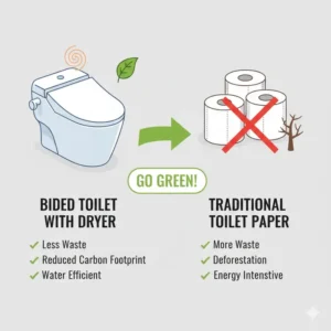 Infographic showing the eco-friendly impact of using a bidet toilet with dryer instead of paper.