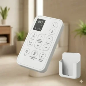 Detailed look at the wireless remote control functions for a battery operated bidet seat.