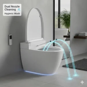 Illustration of the self-cleaning dual nozzle system in a bidet toilet with dryer and heated seat