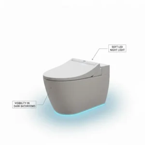 Illustration of an automatic wc seat with a soft LED night light for better visibility in dark bathrooms.