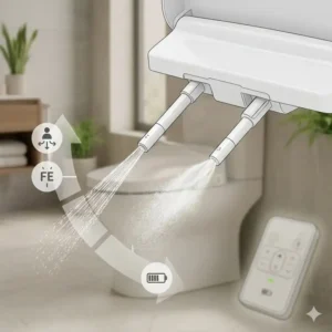 The dual nozzle spray system of a battery operated bidet seat showing cleaning modes.