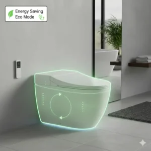 Energy saving eco mode visualization for a sustainable bidet toilet with dryer and heated seat.