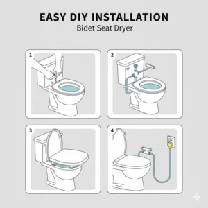 A four-step DIY installation guide for a smart toilet with an integrated bidet seat dryer.