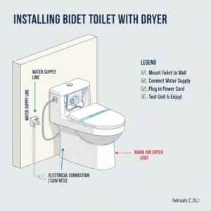 Technical diagram explaining how to install a bidet toilet with dryer in a home.