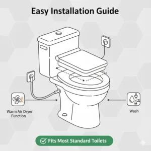 A step-by-step installation diagram for a smart toilet seat featuring an air drying bidet.