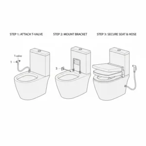 Technical drawing showing the step-by-step installation process of a smart automatic wc seat.