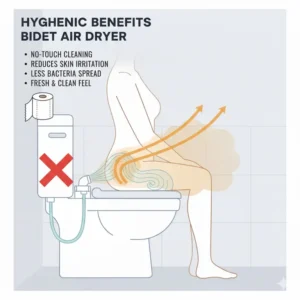 Visual representation of the health and hygiene benefits provided by a hands-free bidet attachment dryer.