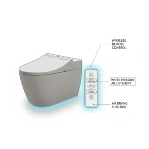 Illustration of a wireless remote control showcasing the pressure and dryer functions of an automatic wc seat.