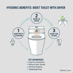 Step-by-step process of the hands-free hygiene offered by a bidet toilet with dryer.