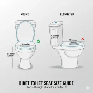 Size comparison guide between round and elongated models for a battery operated bidet toilet seat.