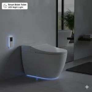Integrated LED night light feature on a contemporary bidet toilet with dryer and heated seat.