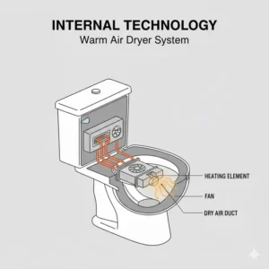 Detailed cutaway diagram showing the heating element and fan system inside a bidet seat dryer.