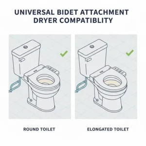 Compatibility graphic demonstrating that this bidet attachment dryer fits both round and elongated toilets.
