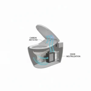 Schematic showing the built-in carbon air filter and deodorizer system inside an automatic wc seat.