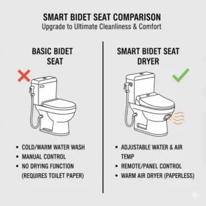 A side-by-side comparison between a basic bidet and a high-tech bidet seat dryer with air functions.