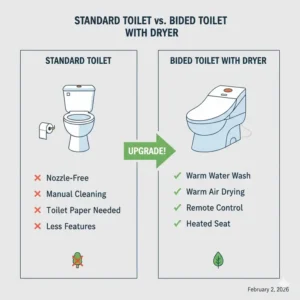 Comparison chart between a standard toilet and a high-tech bidet toilet with dryer.