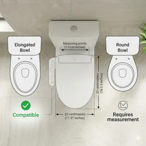 Size and compatibility diagram for a battery operated bidet seat on different toilet shapes.