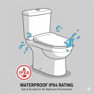 Graphic displaying the IPX4 waterproof rating of a durable battery operated bidet toilet seat.
