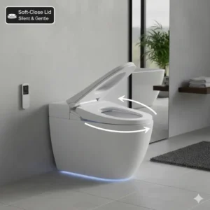 Soft-close lid and seat mechanism shown on a premium bidet toilet with dryer and heated seat.