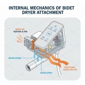 Technical cutaway view showing the heating element and motor inside a bidet attachment dryer.