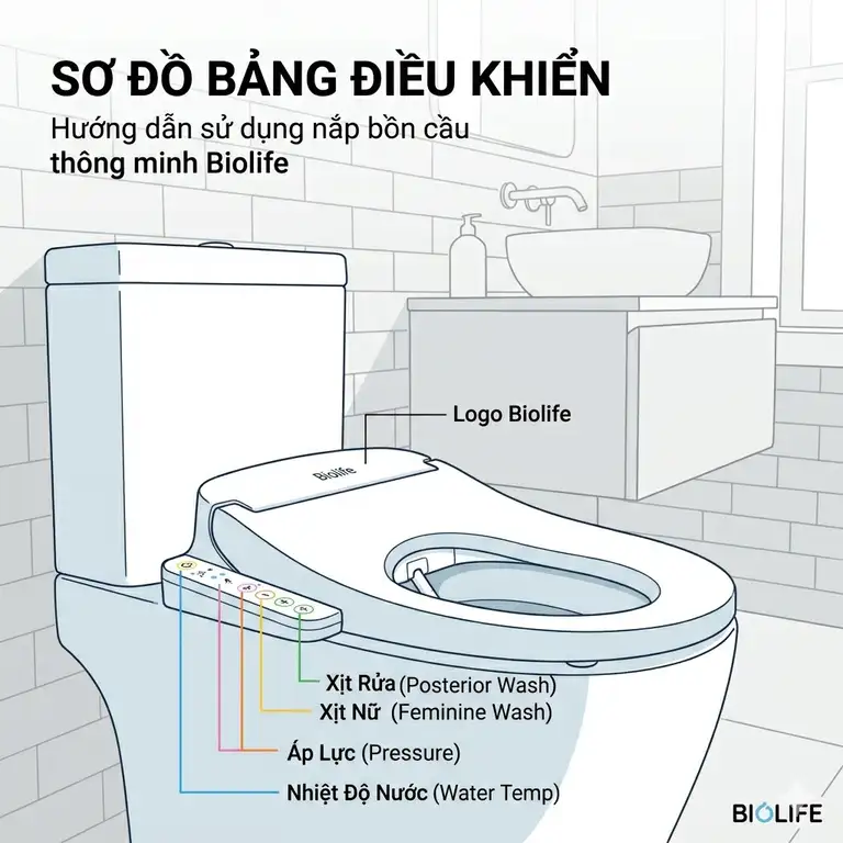 A modern Biolife bidet smart toilet seat installed in a minimalist bathroom setting with soft ambient lighting.