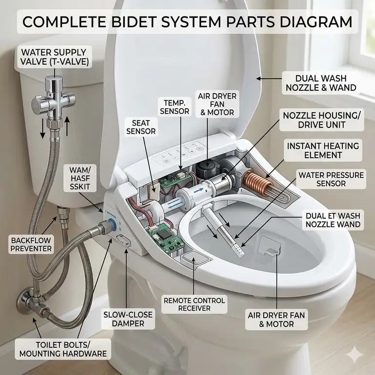 A detailed diagram showing various bidet parts including the nozzle, seat, and water supply valves.