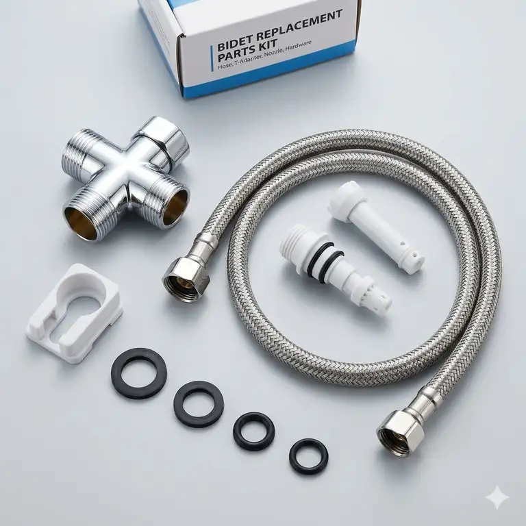 A comprehensive collection of replacement toilet bidet parts, including a metal T-adapter, flexible hose, and mounting brackets arranged on a clean surface.