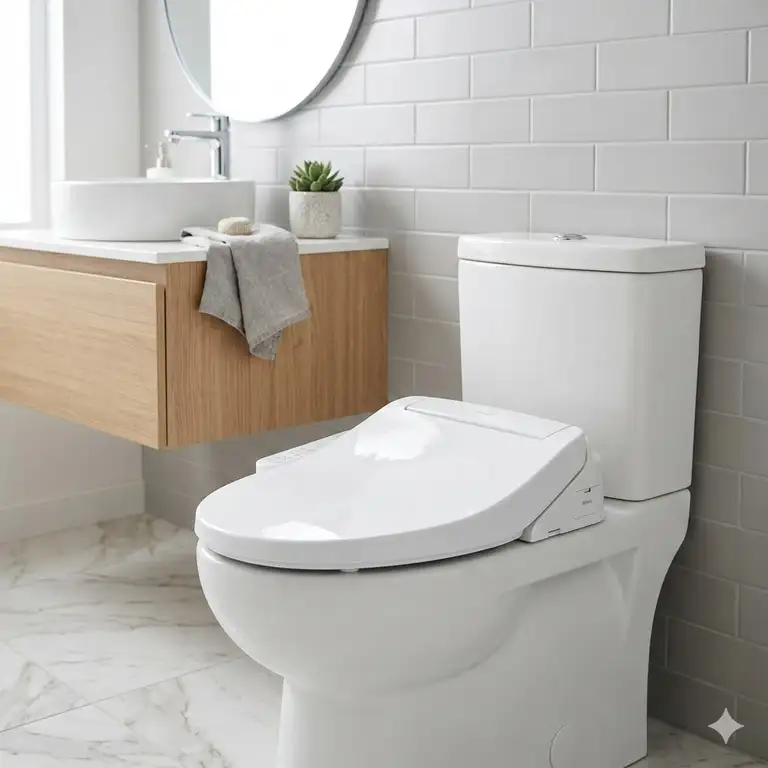 A modern bathroom interior featuring a premium white battery bidet toilet seat installed on a ceramic toilet.