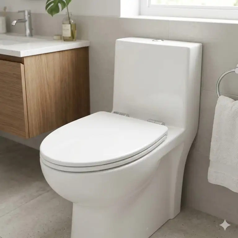 Featured Image: A modern white slow-close toilet seat for one piece toilet perfectly fitted onto a seamless ceramic base.