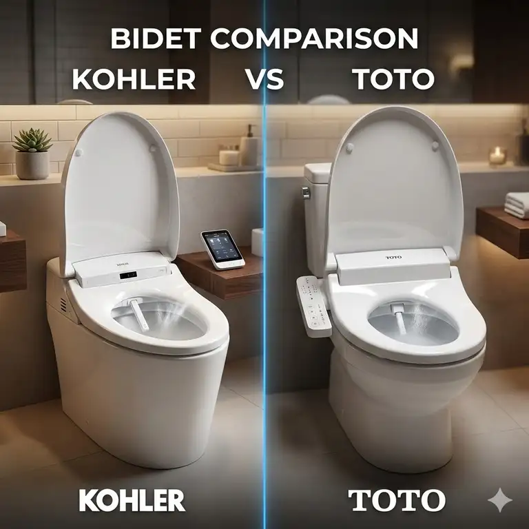 A luxury bathroom showroom display showcasing a high-end kohler vs toto bidet side-by-side comparison.