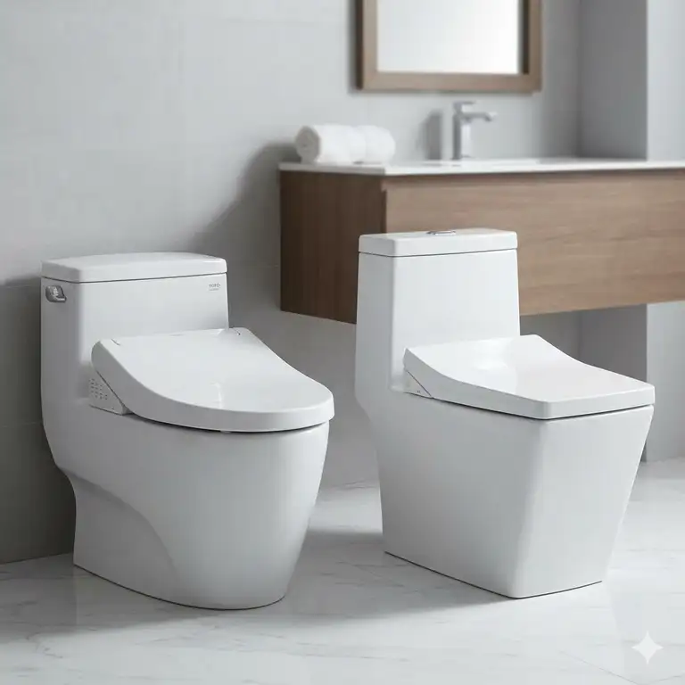 A luxury bathroom featuring a side-by-side comparison of toto vs kohler bidet toilets.
