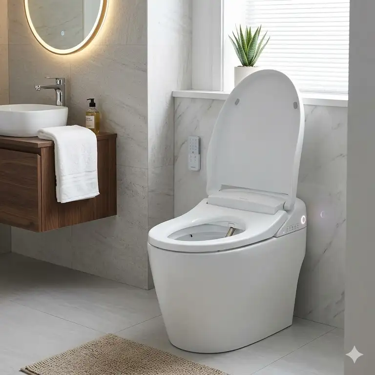 A sleek modern bathroom featuring an intelligent air dryer toilet with integrated bidet controls.