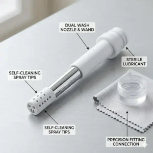 Self-cleaning bidet parts featuring a dual-wash nozzle and spray wand.