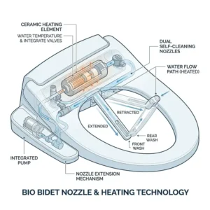 A technical drawing of bio bidets highlighting the self-cleaning dual nozzle system and hygienic water flow.